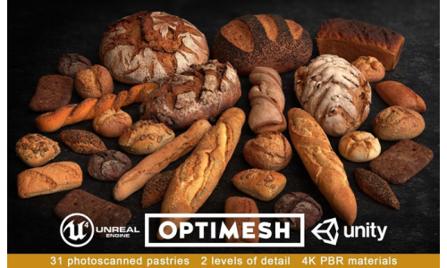 Baked Pastries Bread Buns Rolls 3D PBR Pack Low-poly 3D model