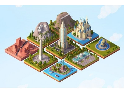 Cartoon Low Poly USA Landmarks Pack Low-poly 3D model