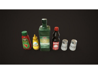 Grocery set ketchup mustard oil salt pepper soy sauce Low-poly 3D model