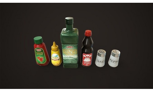 Grocery set ketchup mustard oil salt pepper soy sauce Low-poly 3D model