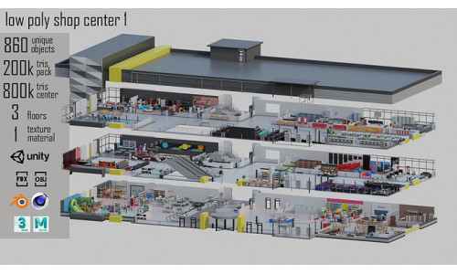 low poly shop center 1 Low-poly 3D model