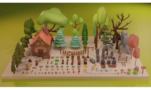 LowPoly Nature - Trees Grass and Rocks Low-poly 3D model