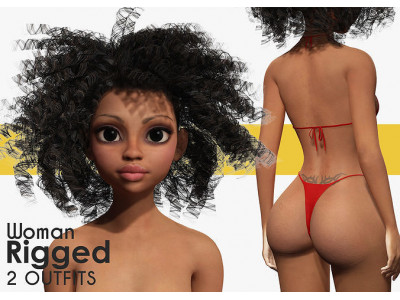 Naked African Female Cartoon Black afro rigged Woman Female 3D Low-poly 3D model