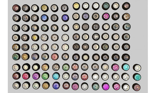 Pack of 100 unique rims tires for cars Low-poly 3D model