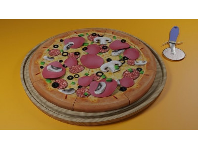 Pizza with Pizza Cutter Wheel Sharp Slicer 3D model
