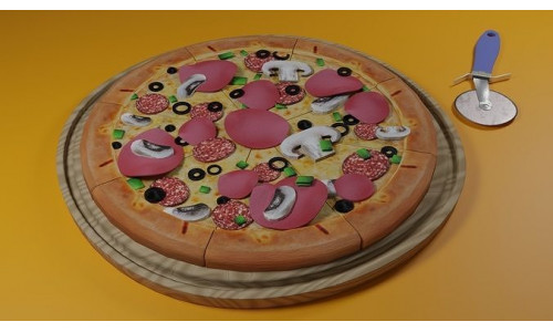Pizza with Pizza Cutter Wheel Sharp Slicer 3D model