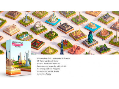 Polygonia Cartoon Low Poly Landmarks Mega Pack  Low-poly 3D model