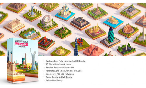 Polygonia Cartoon Low Poly Landmarks Mega Pack  Low-poly 3D model