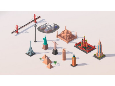 Polygonia Cartoon World Landmarks Pack Low-poly 3D model