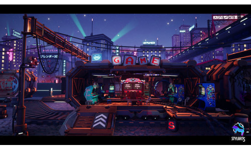 Stylized Cyberpunk Arcade Environment Low-poly 3D model