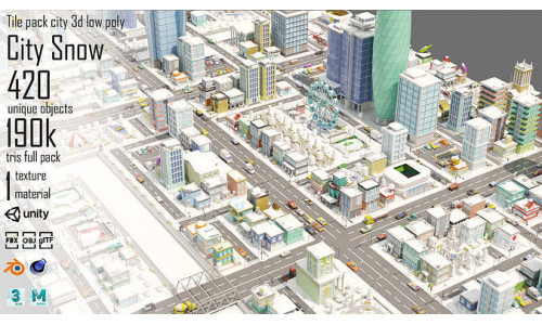 Tile pack city 3d snow Low-poly 3D model