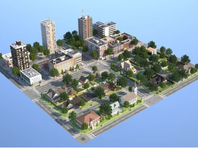 Town with suburb Low-poly 3D model